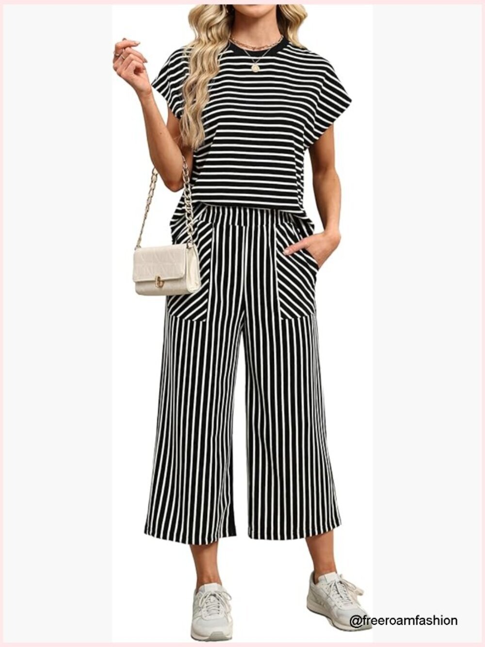 Women's 2 Piece Lounge Set - Boxy Top & Wide Leg Capri Pants with Pockets